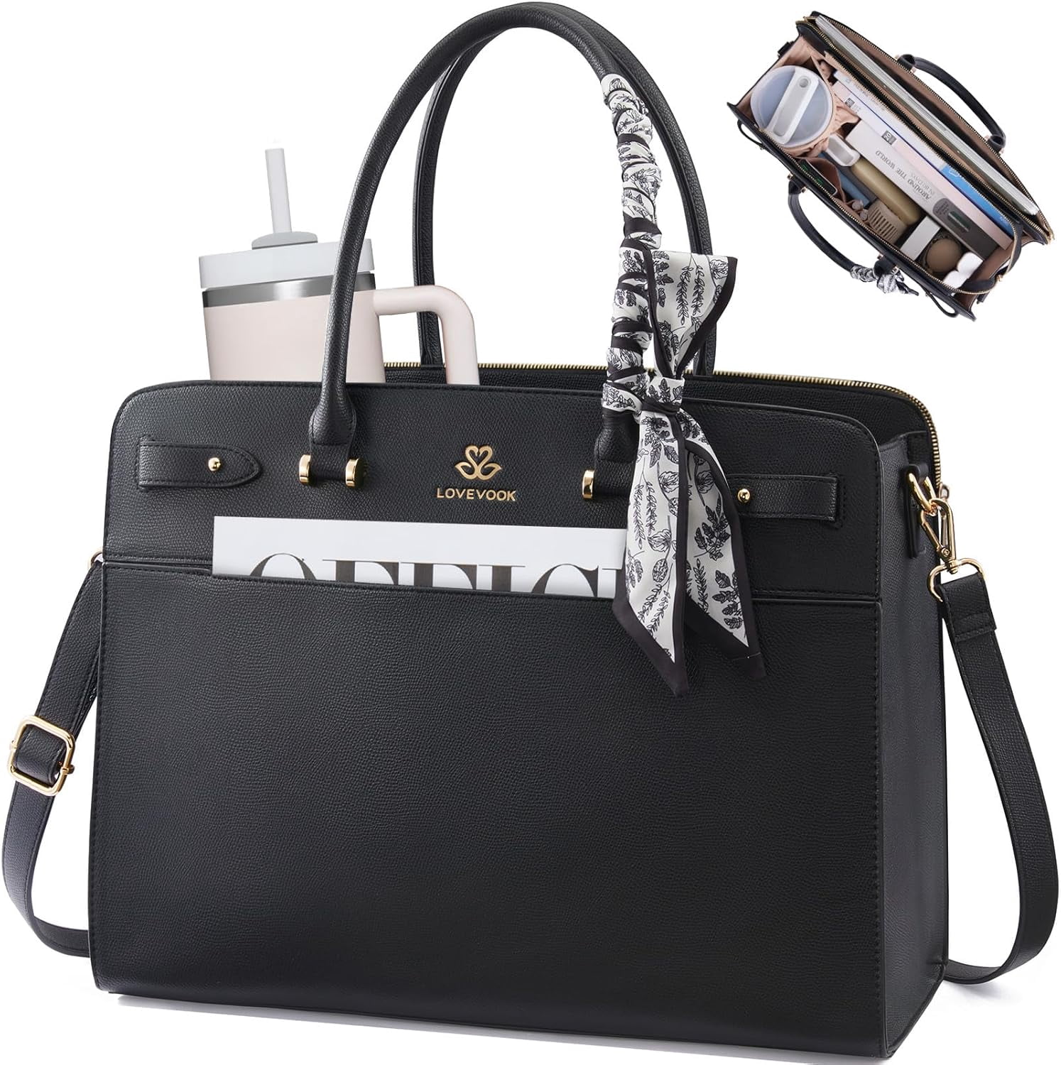 LOVEVOOK Laptop Tote Bag for Women, PU Leather Work Bag Waterproof Briefcase Handbag for Teacher Business with Silk Scarf