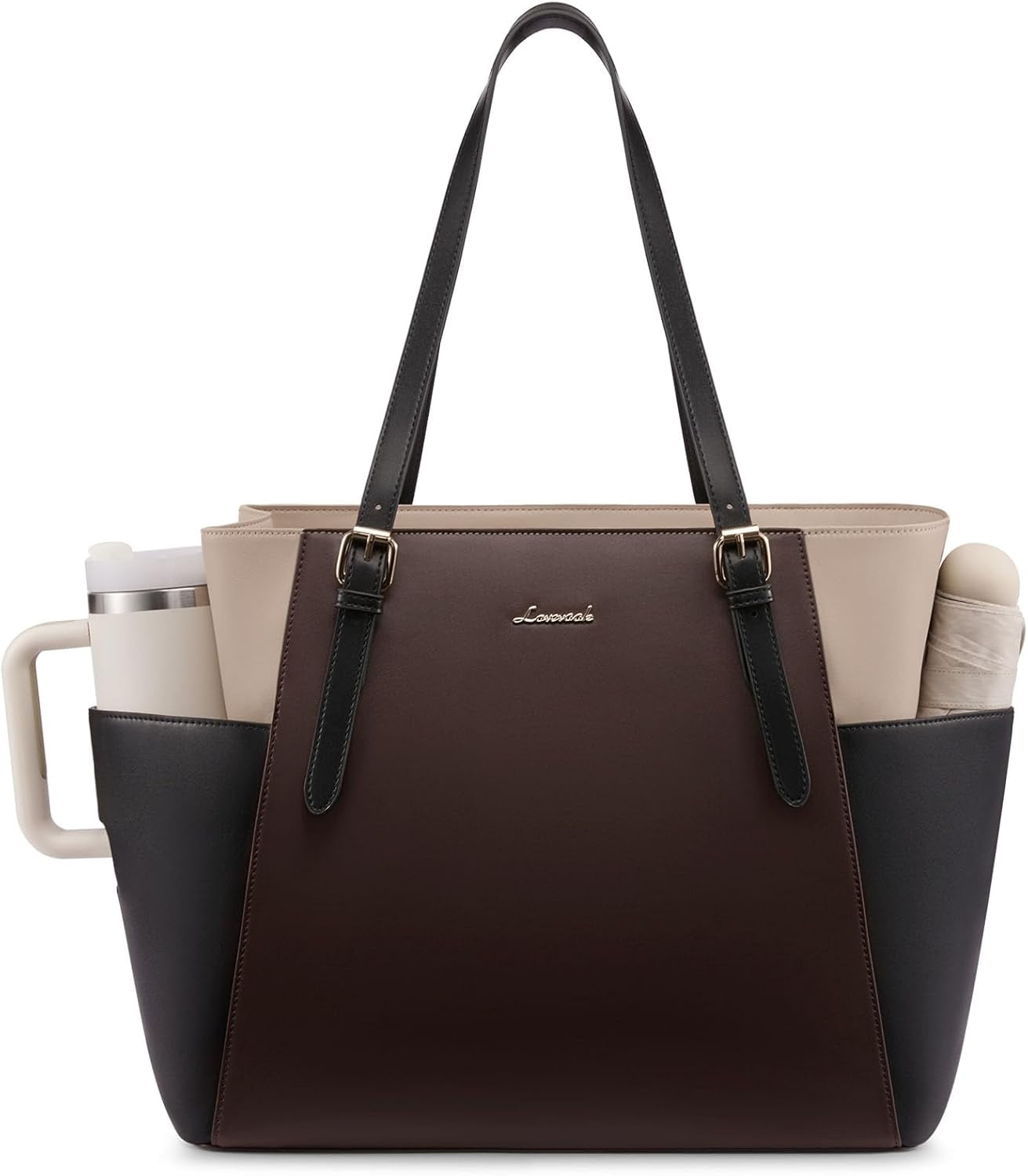 LOVEVOOK Leather Laptop Tote Bag for Women 15.6 Inch, Professional Work Bag with Large Cup Holder & Padded Compartment, Business Teacher Commuter Shoulder Bag, Office Travel Gift