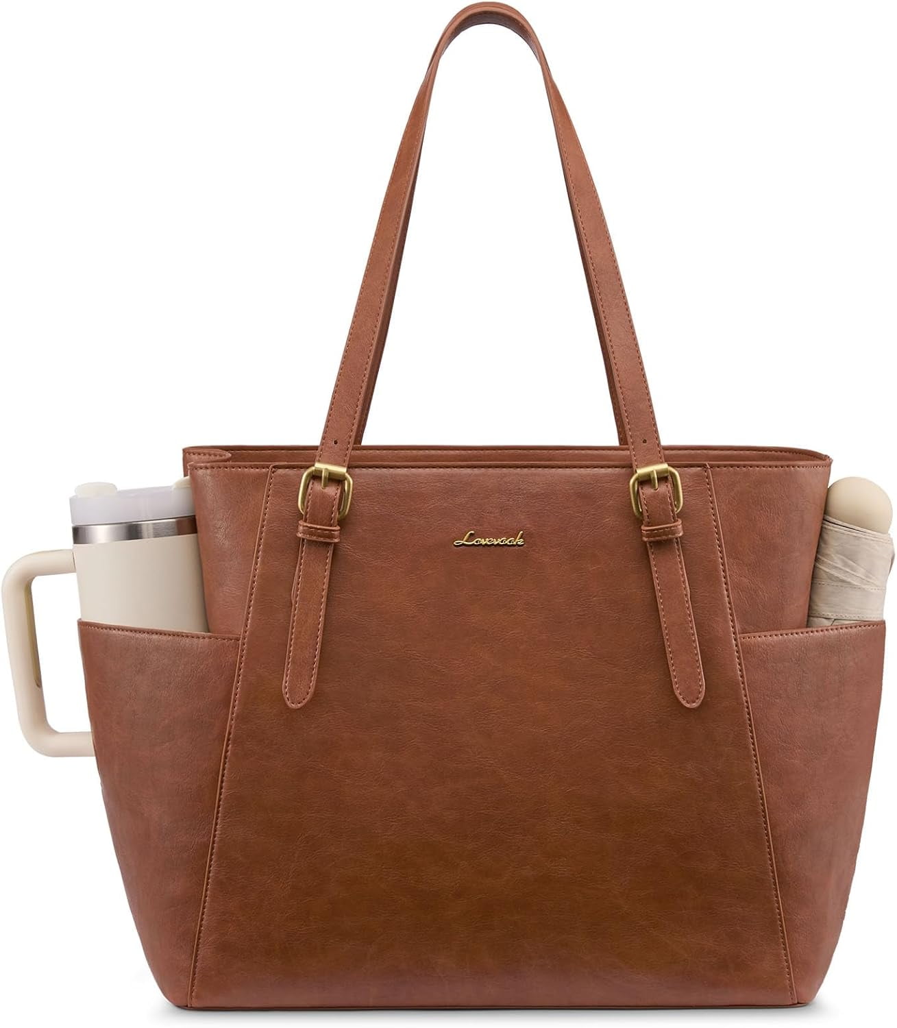 LOVEVOOK Leather Laptop Tote Bag for Women 15.6 Inch, Professional Work Bag with Large Cup Holder & Padded Compartment, Business Teacher Commuter Shoulder Bag, Office Travel Gift