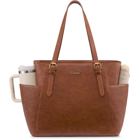 LOVEVOOK Leather Laptop Tote Bag for Women 15.6 Inch, Professional Work Bag with Large Cup Holder & Padded Compartment, Business Teacher Commuter Shoulder Bag, Office Travel Gift