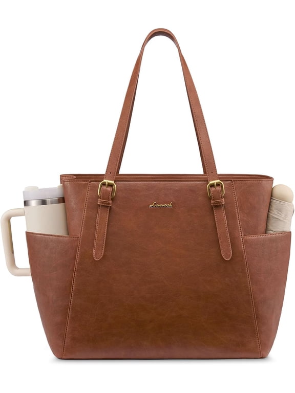 Leather Laptop Tote Bag for Women 15.6 Inch, Professional Work Bag with Large Cup Holder & Padded Compartment, Business Teacher Commuter Shoulder Bag, Office Travel Gift