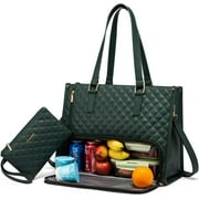 LOVEVOOK Lunch Tote Bag for Women, 15.6 Inch Laptop Bag with Insulated Lunch Compartment, Quilted Large Capacity Computer Handbag with Purse for Business, Work, Nurse, Collage, Office, Casual, Green