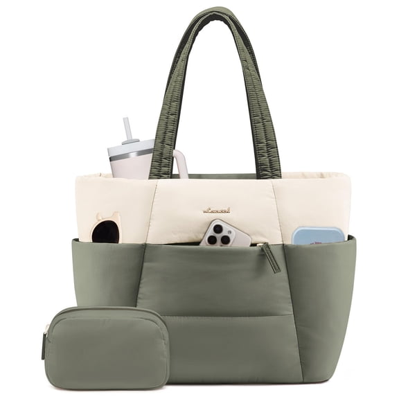 LOVEVOOK Puffer Tote Bag for Women,15.6in Laptop Work Tote with 40oz Cup Holder, Nurse Teacher Bag with Zip,10 Pockets