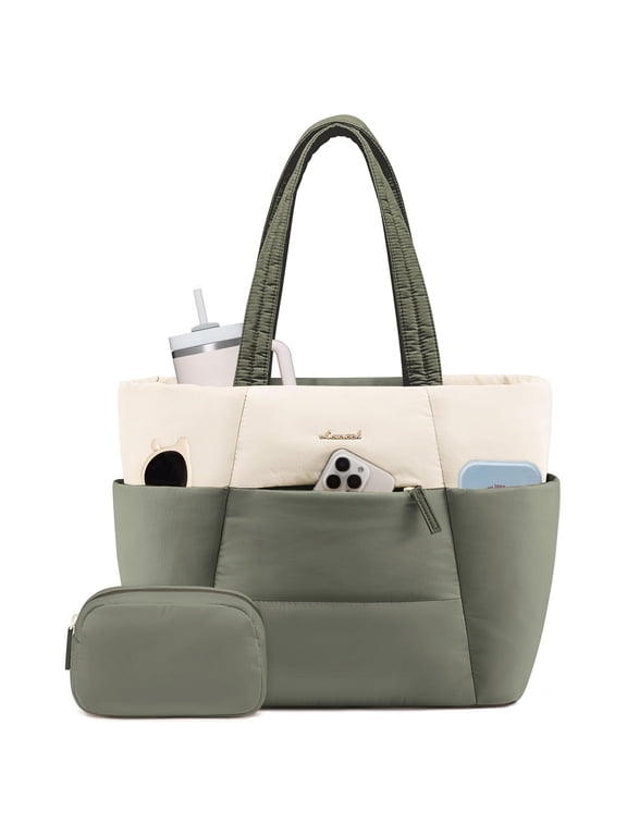 Puffer Tote Bag for Women,15.6in Laptop Work Tote with 40oz Cup Holder, Nurse Teacher Bag with Zip,10 Pockets
