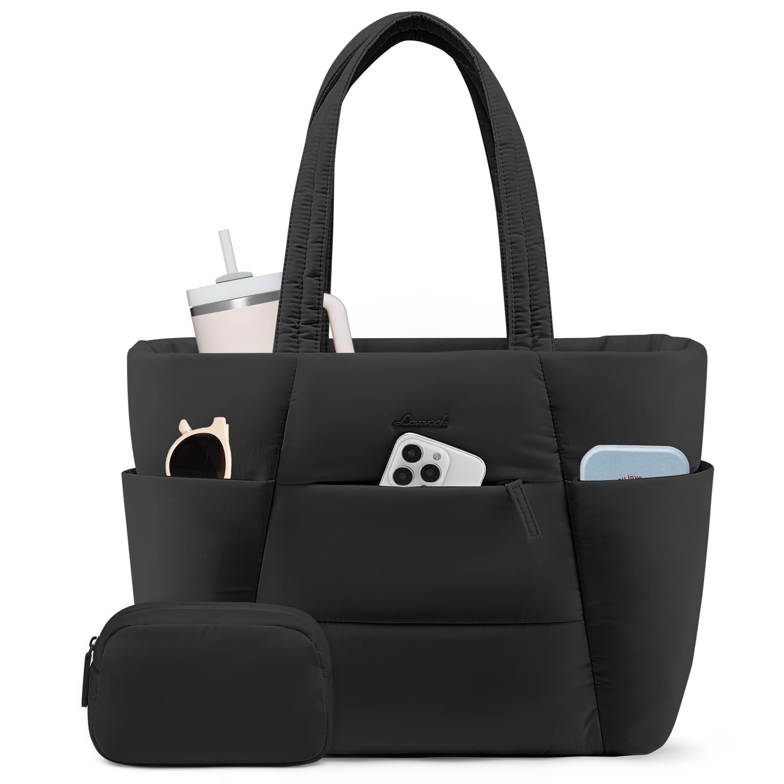 LOVEVOOK Puffer Tote Bag for Women,15.6in Laptop Work Tote with 40oz Cup Holder, Nurse Teacher Bag with Zip,10 Pockets