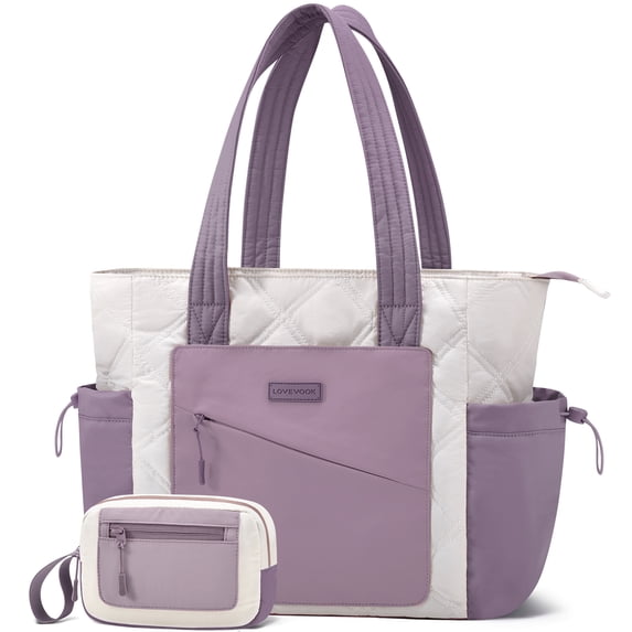 LOVEVOOK Puffer Tote Bag for Women, Lightweight Travel Tote with Laptop Compartment & Cup Holders, Fashion Quilted Work Bag for College, Teacher Nurse Daily Use (2pcs)