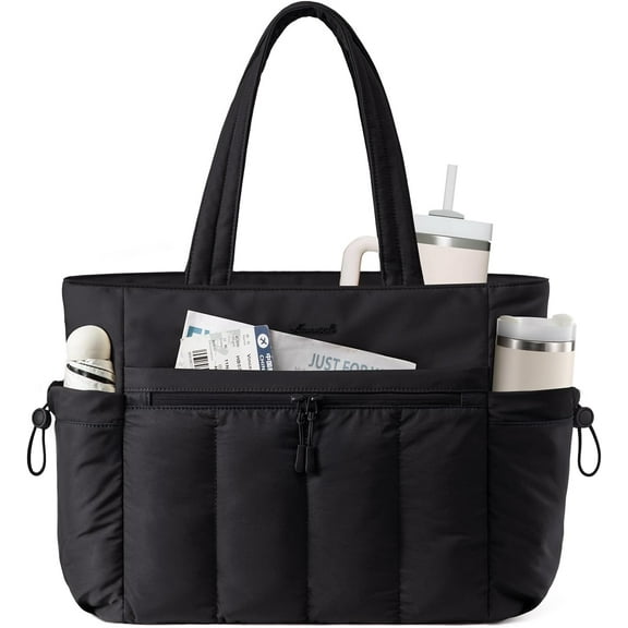 LOVEVOOK Puffer Tote Bag for Women with Stanley Cup Holder, Lightweight Work Tote, Teacher Nurse Bag for Office, Daily, Gift