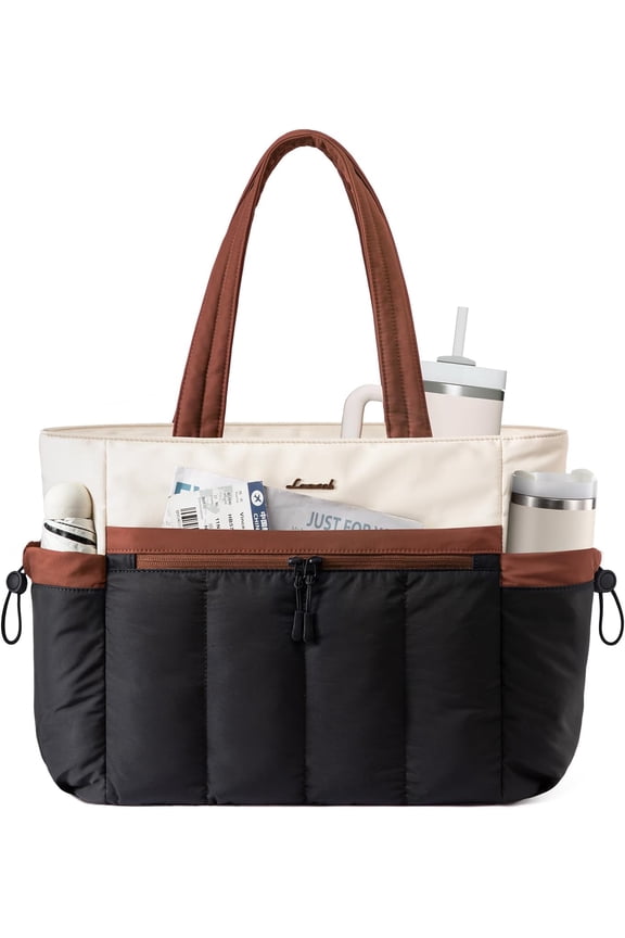 Puffer Tote Bag for Women with Stanley Cup Holder, Lightweight Work Tote, Teacher Nurse Bag for Office, Daily, Gift