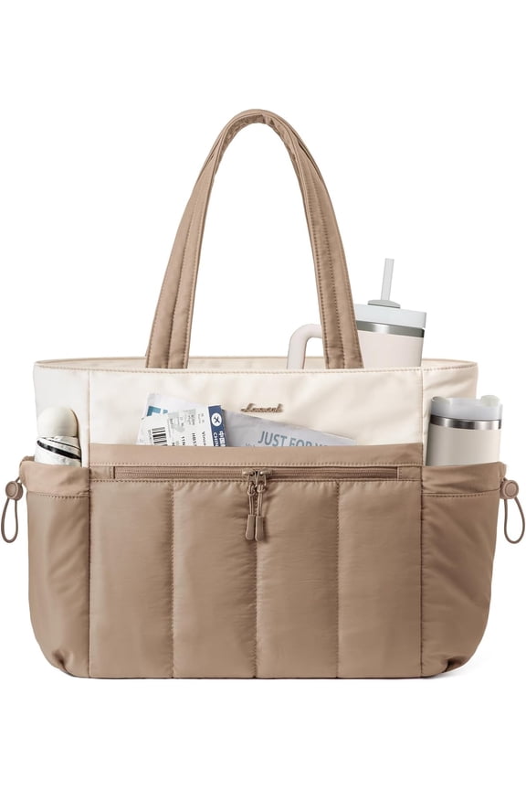 Puffer Tote Bag for Women with Stanley Cup Holder, Lightweight Work Tote, Teacher Nurse Bag for Office, Daily, Gift