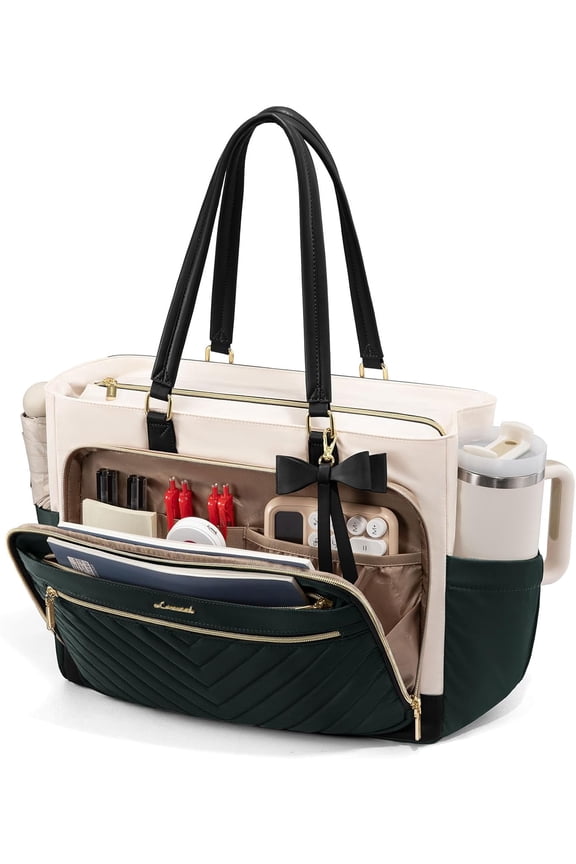 Quilted Teacher Tote Bag for Women, Large Laptop Tote with Cup Holder & Multi-Pockets, Work Bag for Nurse, Office, College, Business Travel, Diaper Bag, Computer Handbag Purse
