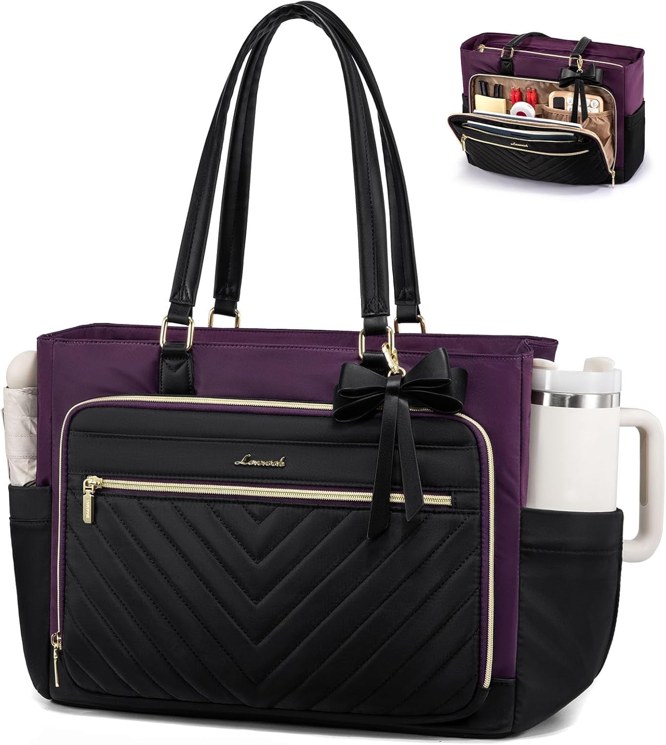 LOVEVOOK Quilted Teacher Tote Bag for Women, Large Laptop Tote with Cup Holder & Multi-Pockets, Work Bag for Nurse, Office, College, Business Travel, Diaper Bag, Computer Handbag Purse