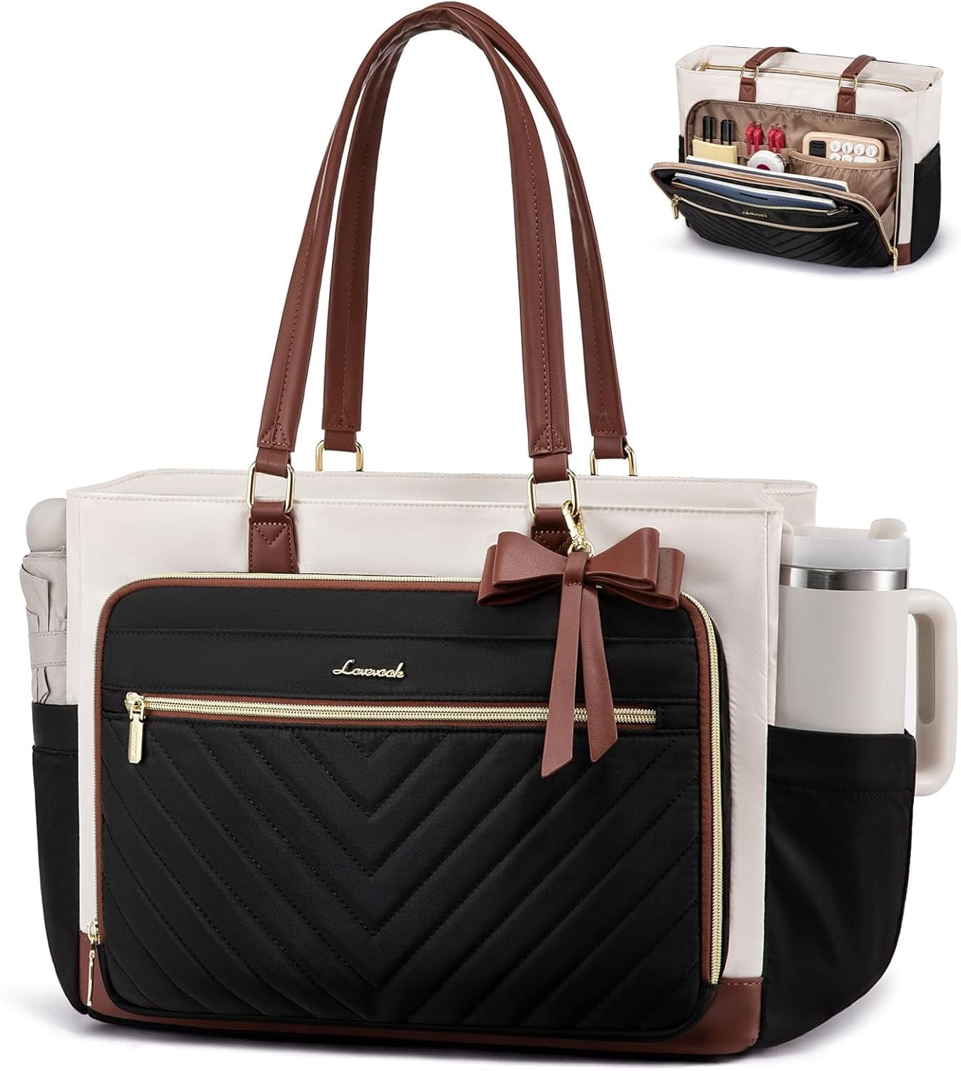 LOVEVOOK Quilted Teacher Tote Bag for Women, Large Laptop Tote with Cup Holder & Multi-Pockets, Work Bag for Nurse, Office, College, Business Travel, Diaper Bag, Computer Handbag Purse