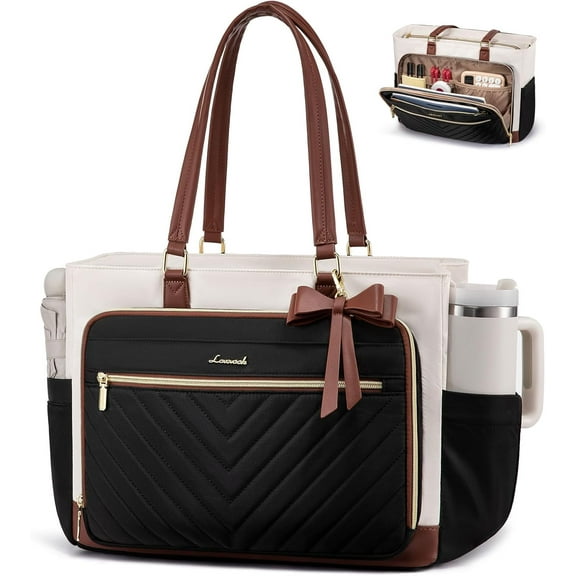 LOVEVOOK Quilted Teacher Tote Bag for Women, Large Laptop Tote with Cup Holder & Multi-Pockets, Work Bag for Nurse, Office, College, Business Travel, Diaper Bag, Computer Handbag Purse