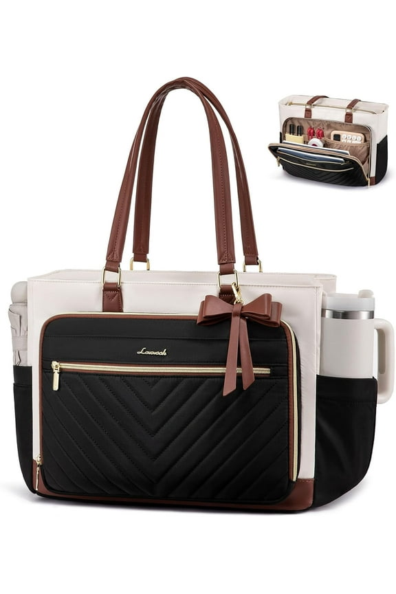 Quilted Teacher Tote Bag for Women, Large Laptop Tote with Cup Holder & Multi-Pockets, Work Bag for Nurse, Office, College, Business Travel, Diaper Bag, Computer Handbag Purse