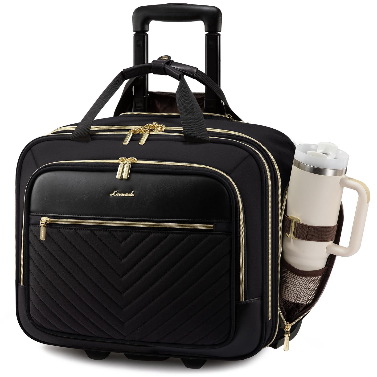 LOVEVOOK Rolling Laptop Bag Women, 17.3 Inch Laptop Briefcase with Wheels, Soft Sided Underseat Carry On Luggage Personal Item Suitcase for Work Travel Business, Black Brown Beige