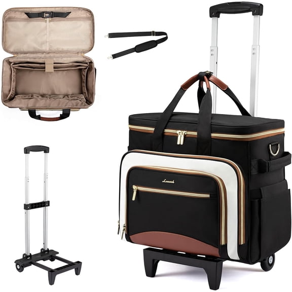 LOVEVOOK Rolling Teacher Bag with Detachable and Laptop Compartment, Large Rolling Tote Bag fits for 17.3" Laptop for Teacher Office Work Craft Nurse, Quilted-Black-beige-brown