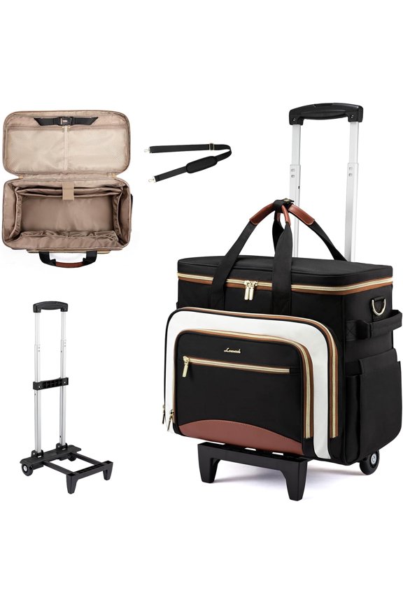 Rolling Teacher Bag with Detachable and Laptop Compartment, Large Rolling Tote Bag fits for 17.3" Laptop for Teacher Office Work Craft Nurse, Quilted-Black-beige-brown