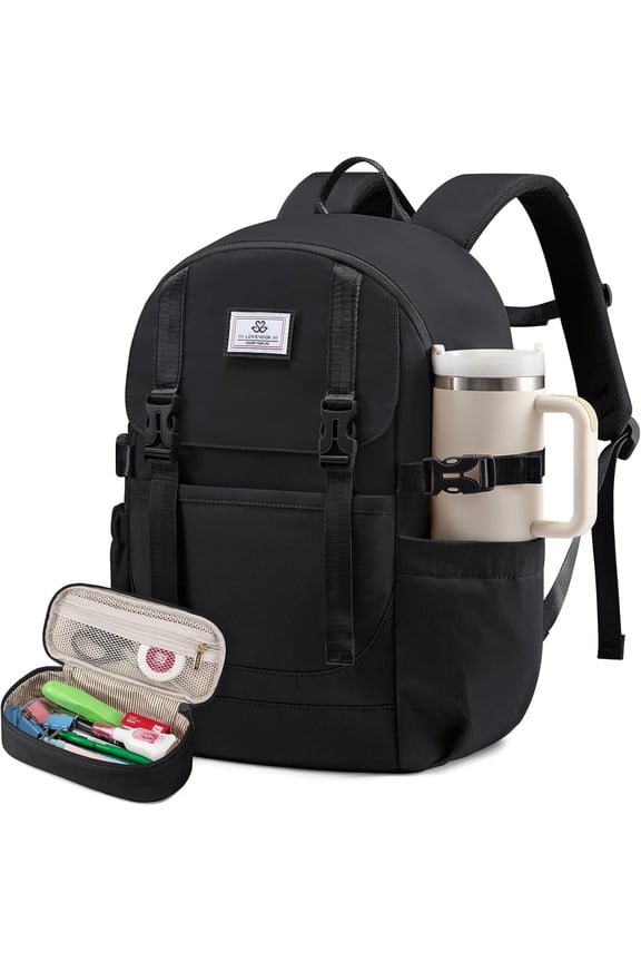 School Backpack for Teen Girls, Waterproof Travel College Bookbag for Middle High School with Large Cup Holder & Pencil Case, Fits 15.6'' Laptop, Cute Aesthetic Kids Student Backpack