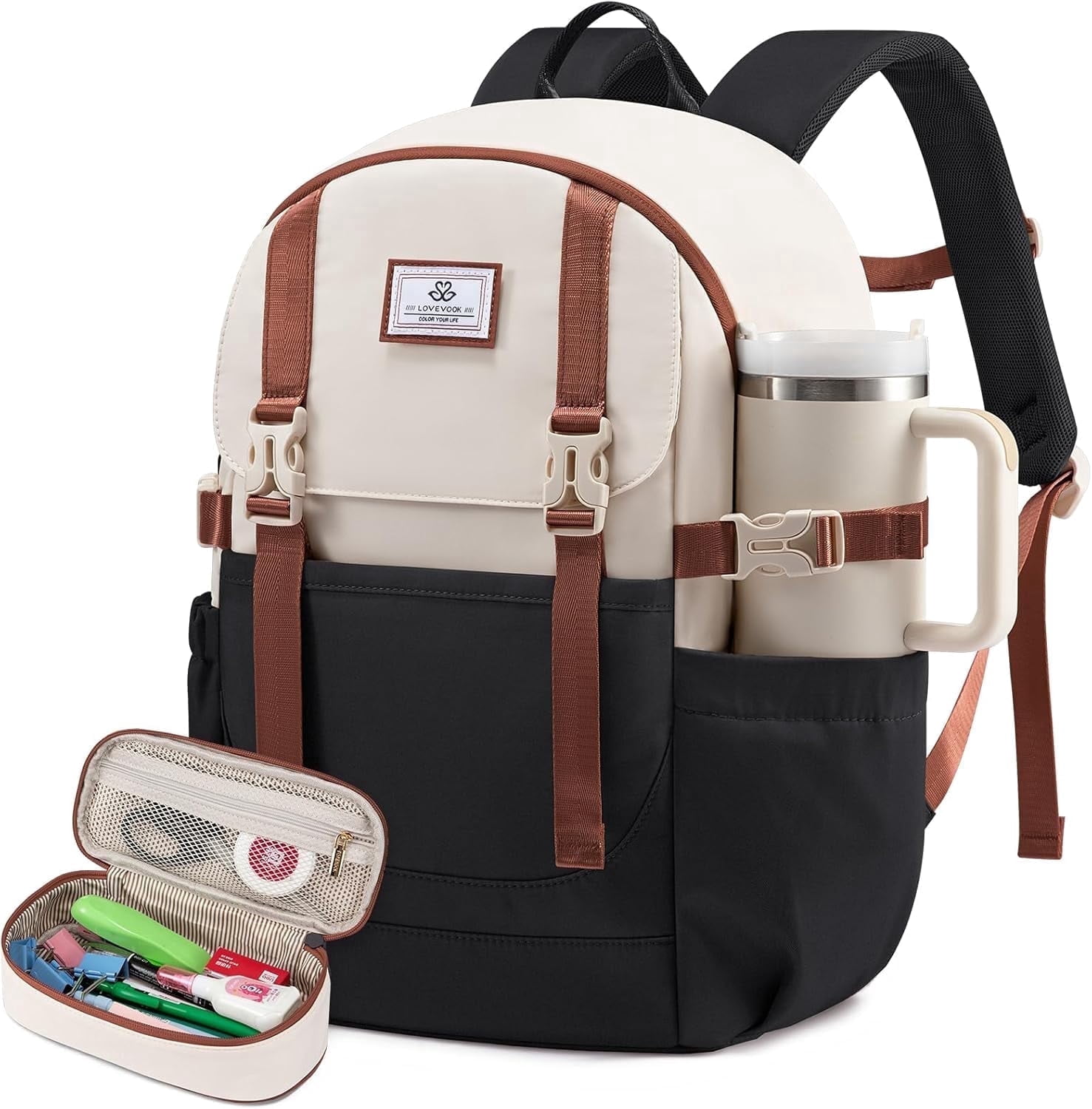 LOVEVOOK Backpack, Waterproof Travel College Bookbag with Large Cup Holder & Pencil Case, Fits 15.6'' Laptop, Cute Aesthetic Backpack