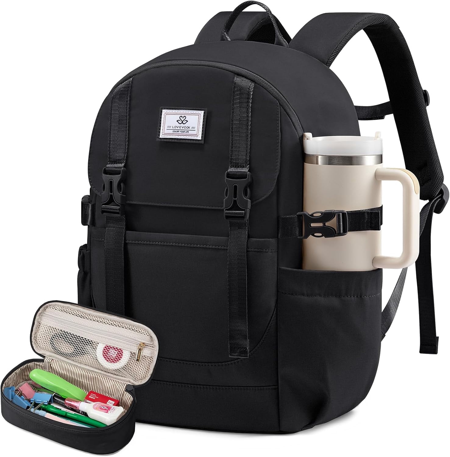 LOVEVOOK 15.6" Laptop Backpack For Women – Water-Resistant School & College Bookbag, Black