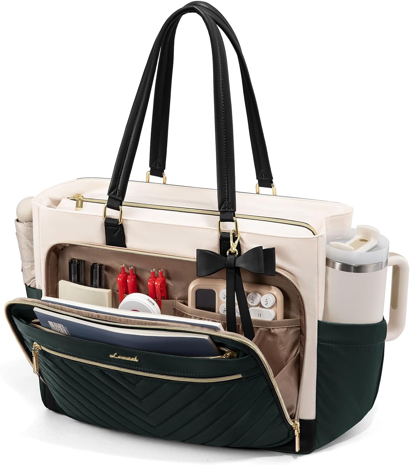 LOVEVOOK Teacher Tote Bag for Women, Work Bags Laptop Bag with Large Cup Holder, Quilted Nurse Bag Diaper Tote with Multi-Pockets, Large Computer Handbag Purse for Bussiness Travel, Office, College