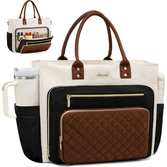 LOVEVOOK Teacher Tote Bag for Women Work, Laptop Bag With Large Cup Holder, Nurse Bags Professional Briefcase Business Computer Purses Bible Handbag Gifts, Black-Beige-Brown, 15.6 Inch