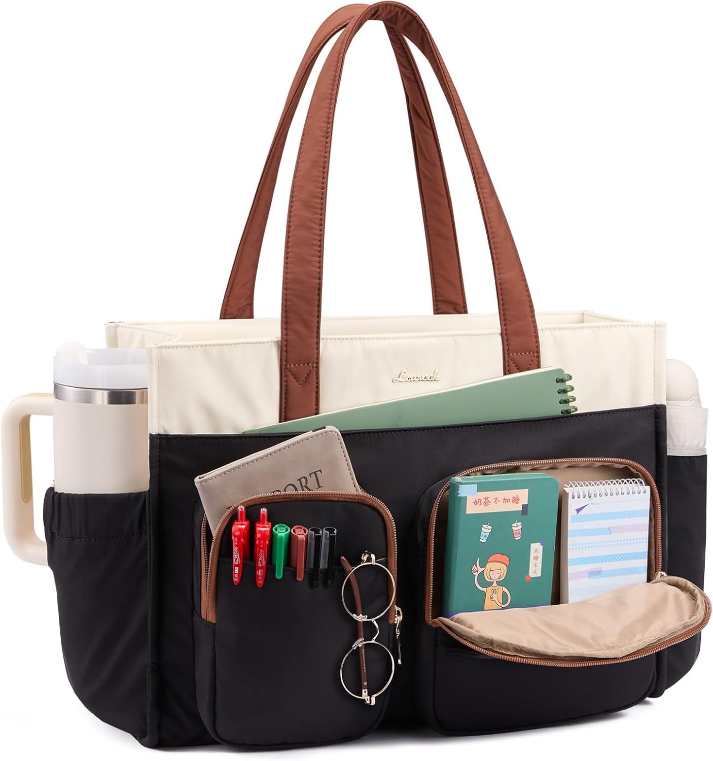 LOVEVOOK Teacher Tote Bag for Women,Multi-pocket Laptop Bag with Large Cup Holder,Nurse Bags Work Travel Computer Handbag