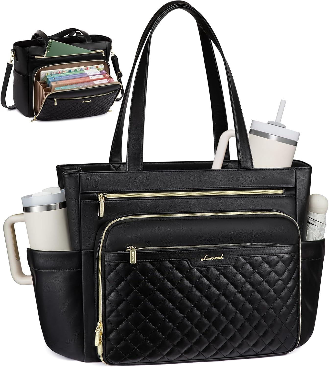 LOVEVOOK Teacher Tote Bag with Accordion File Pocket, Soft PU Leather Work Briefcase Quilted Laptop Bag with Large Cup Holder