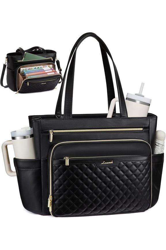 LOVEVOOK Teacher Tote Bag with Accordion File Pocket, Soft PU Leather Work Briefcase Quilted Laptop Bag with Large Cup Holder