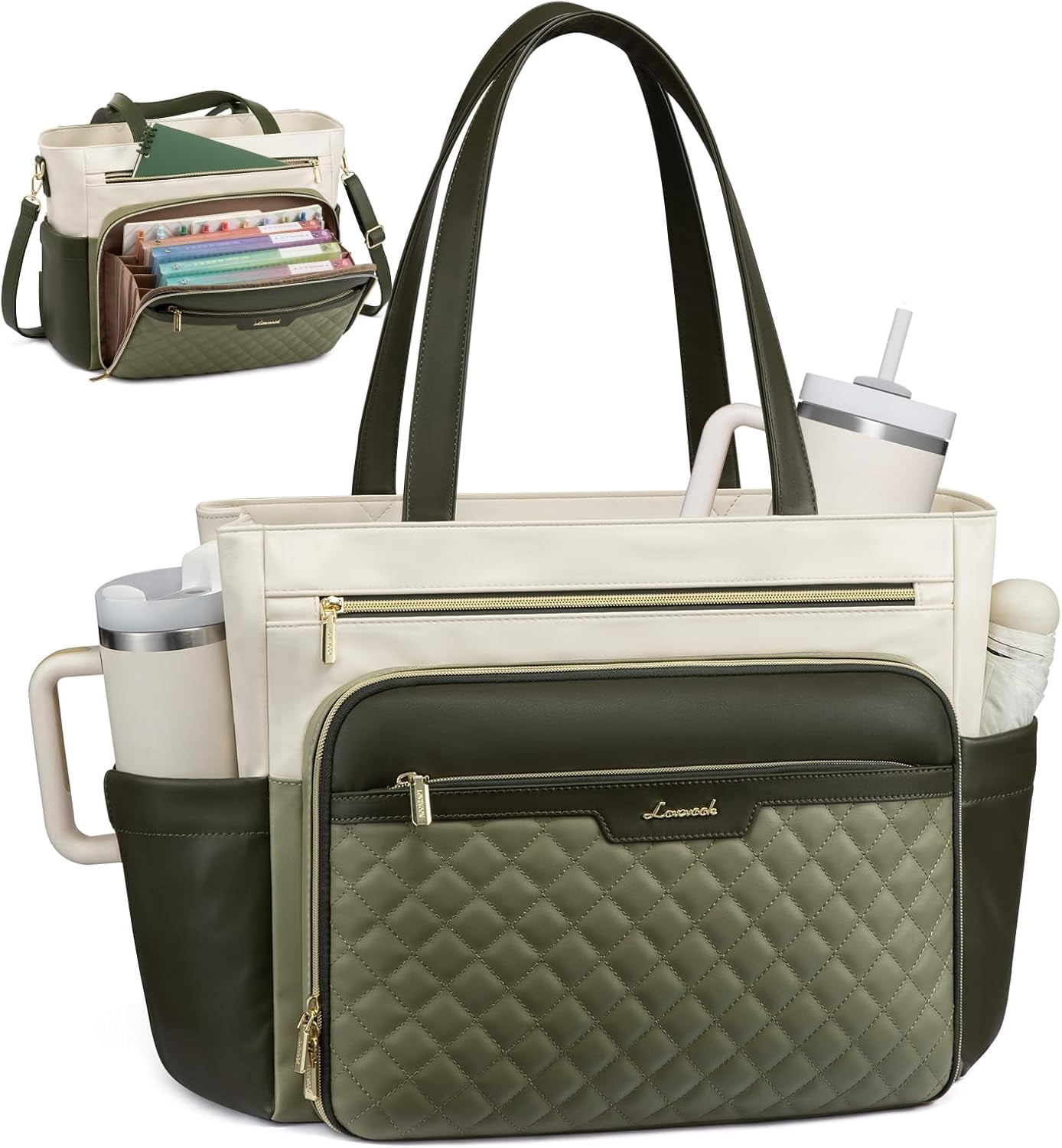 LOVEVOOK Teacher Tote Bag with Accordion File Pocket, Soft PU Leather Work Briefcase Quilted Laptop Bag with Large Cup Holder