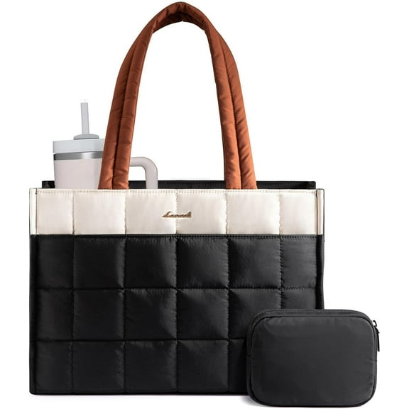 LOVEVOOK Tote Bag for Women, Puffer Work Handbag 15.6 Inch Laptop Purse for Nurse Teacher, Large Quilted Travel Tote Shoulder Bag with Zipper for College Office Clinical Gym, Black