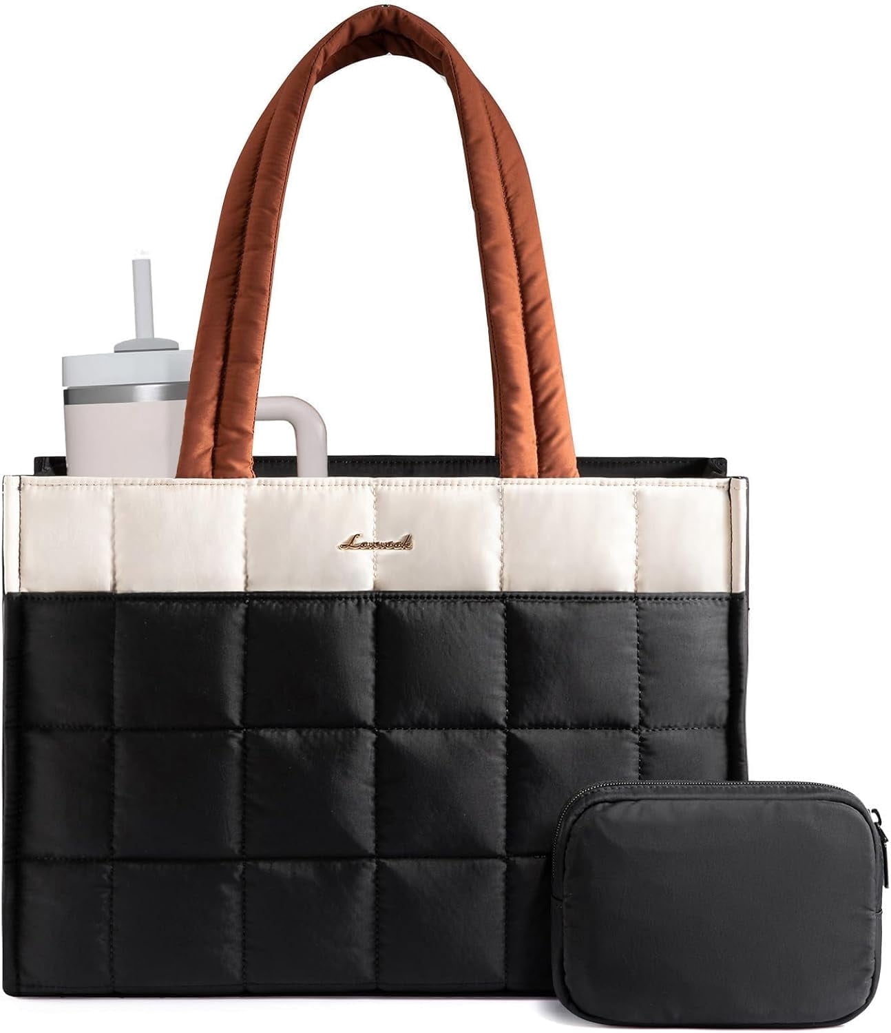 LOVEVOOK Tote Bag for Women, Puffer Work Handbag 15.6 Inch Laptop Purse for Nurse Teacher, Large Quilted Travel Tote Shoulder Bag with Zipper for College Office Clinical Gym, Black