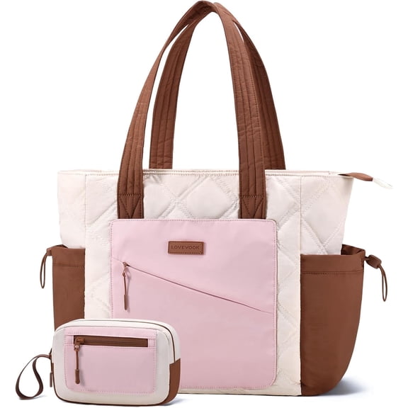 LOVEVOOK Tote Bag for Women, Puffer Bag and Work Bags with Zipper for Travel, Daily, School, Quilted Nurse Shoulder, 2pcs