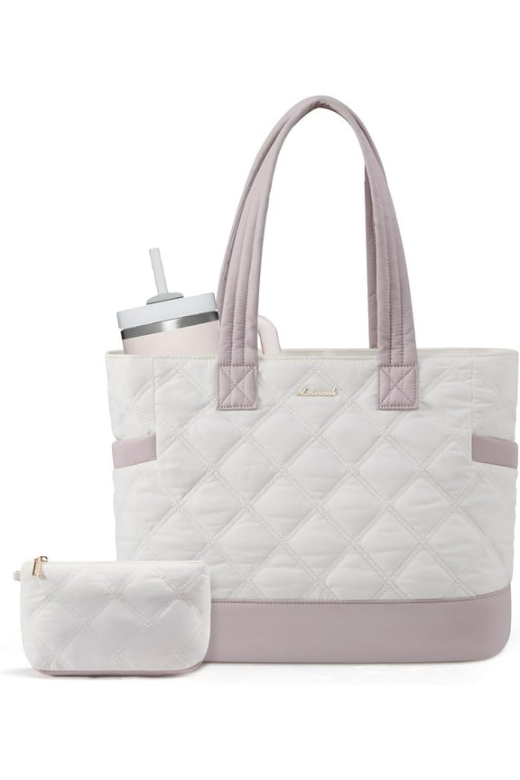 Tote Bag for Women, Quilted Work Puffer Bag with Large Water Bottle Holder for Travel, Daily, Nurse Bag Handbag