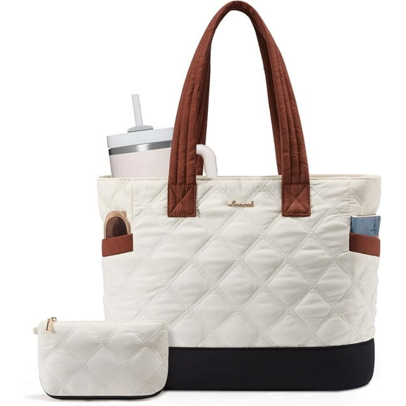 LOVEVOOK Tote Bag for Women, Quilted Work Puffer Bag with Large Water Bottle Holder for Travel, Daily, Nurse Bag Handbag