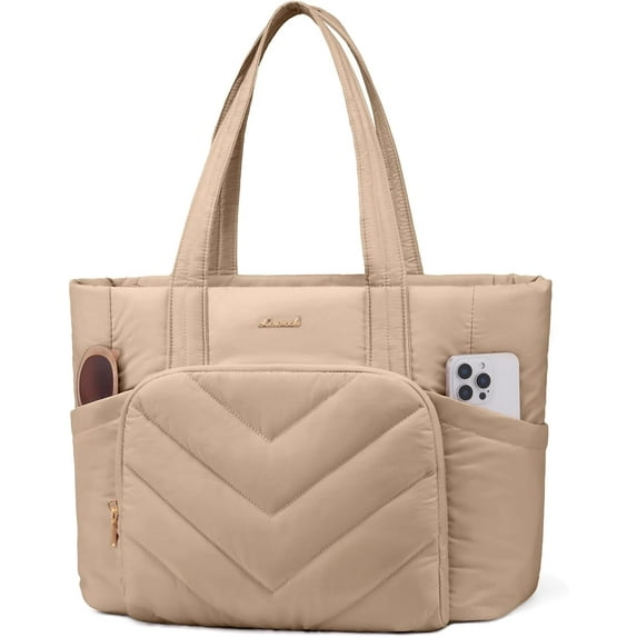 LOVEVOOK Tote Bag for Women, V-Quilted Puffer Tote Bag with Zipper, Large Puffy Shoulder Purse for Work Travel Nurse Teacher