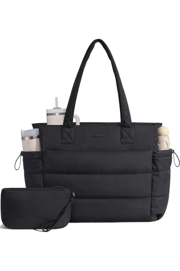 Tote Bag for Women with Giant Tumbler Holder Pocket, Puffer Work Travel Laptop Handbag with Zipper for Nurse Teacher