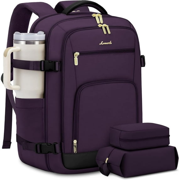 LOVEVOOK Travel Backpack For Women, 40L Carry On Backpack Flight Approved, TSA Personal Item Travel Bag Fits 17 Inch Laptop, Business Weekender Overnight Waterproof Daypack With 2 Cubes, Grey-Pink