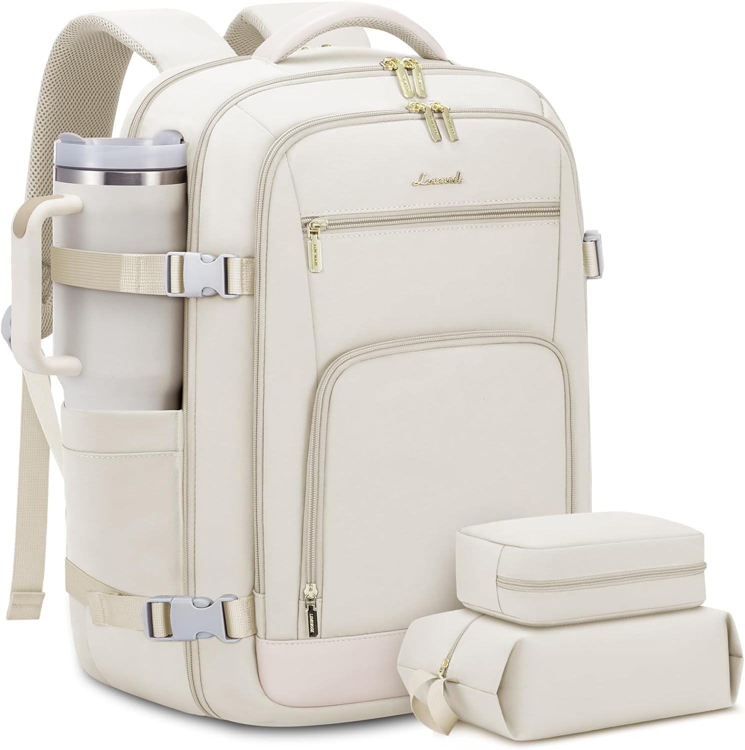 LOVEVOOK Travel Backpack For Women, 40L Carry On Backpack Flight Approved, TSA Personal Item Travel Bag Fits 17 Inch Laptop, Business Weekender Overnight Waterproof Daypack With 2 Cubes, Grey-Pink