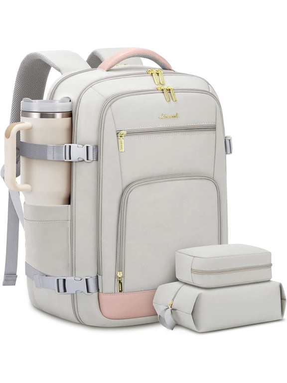 Travel Backpack For Women, 40L Carry On Backpack Flight Approved, TSA Personal Item Travel Bag Fits 17 Inch Laptop, Business Weekender Overnight Waterproof Daypack With 2 Cubes, Grey-Pink