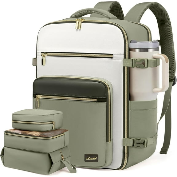 LOVEVOOK Travel Backpack For Women,50L Carry On Backpack Flight Approved,TSA Personal Item Travel Bag Fits 18 Inch Laptop,Business Weekender Overnight Daypack with Toiletry Bag and Cube,White brown