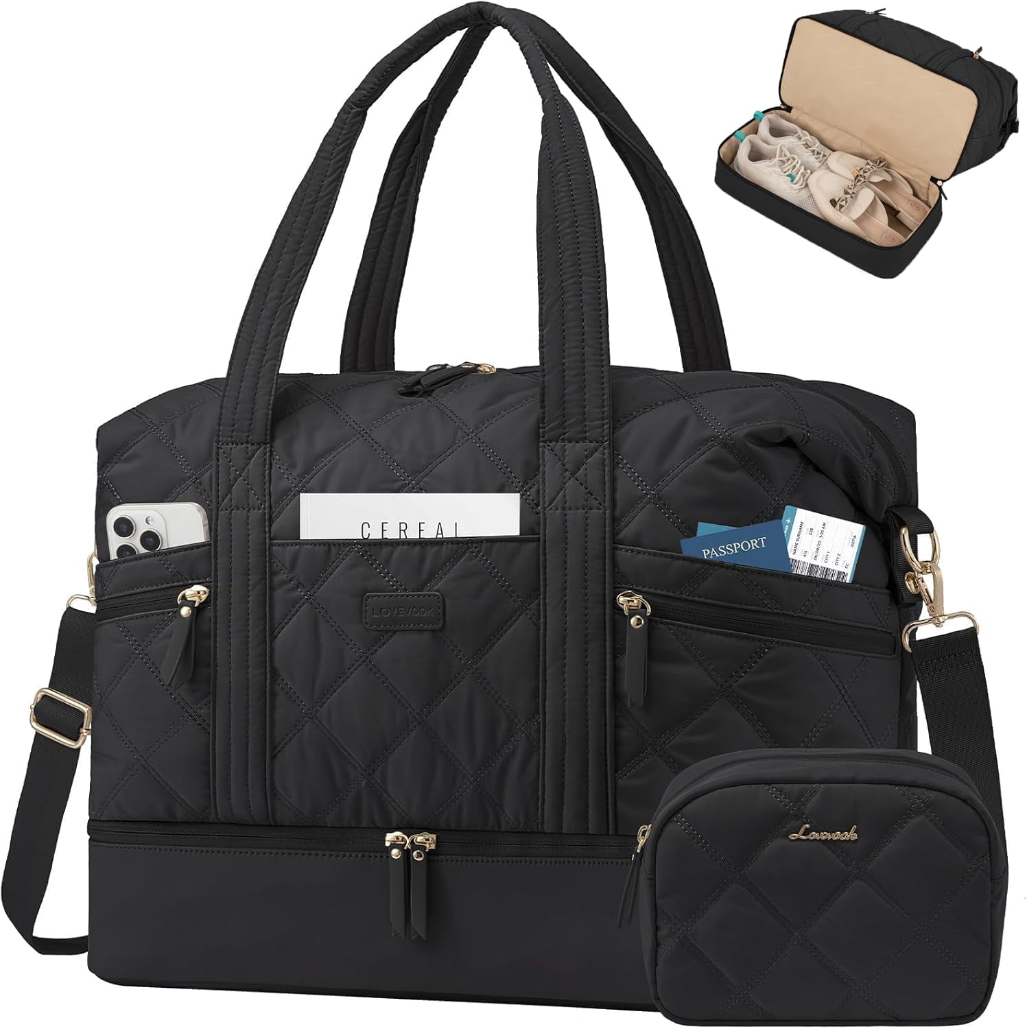 LOVEVOOK Travel Duffle Bag, Lightweight Weekender Bags for Women with Shoe Compartment, Puffer Gym Bag Personal Item Travel Bag, Quilted Overnight Bags and Hospital Bag for Labor and Delivery