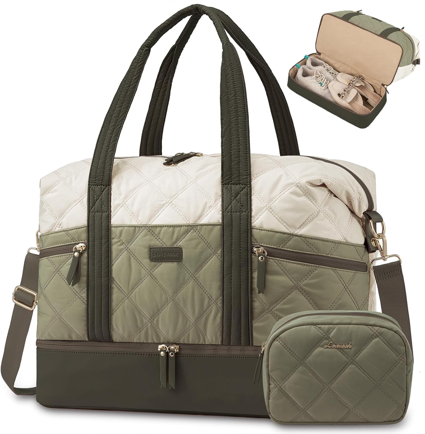 LOVEVOOK Travel Duffle Bag, Lightweight Weekender Bags for Women with Shoe Compartment, Puffer Gym Bag Personal Item Travel Bag, Quilted Overnight Bags and Hospital Bag for Labor and Delivery
