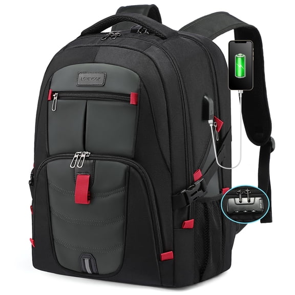 LOVEVOOK Travel Laptop Backpack for Men Women, Waterproof Anti-Theft Travel Backpack with USB Charging Port & Lock Black