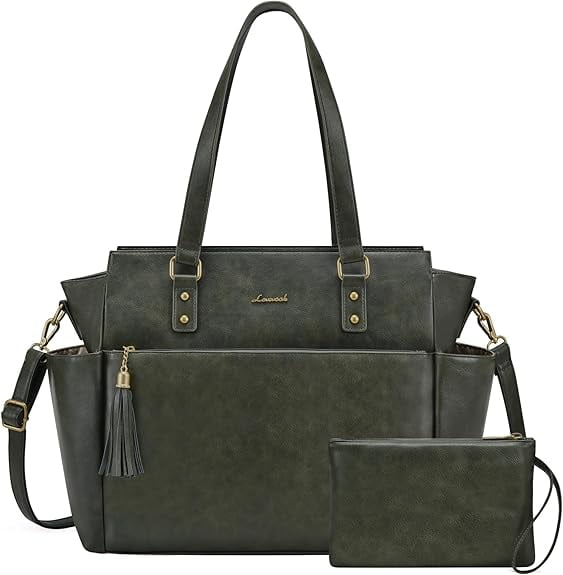 LOVEVOOK Vintage Laptop Tote Bag for Women 15.6 Inch, Waterproof Work Bag with Large Cup Holder & Bonus Clutch, Teacher Computer Bag for Office, Business, Travel