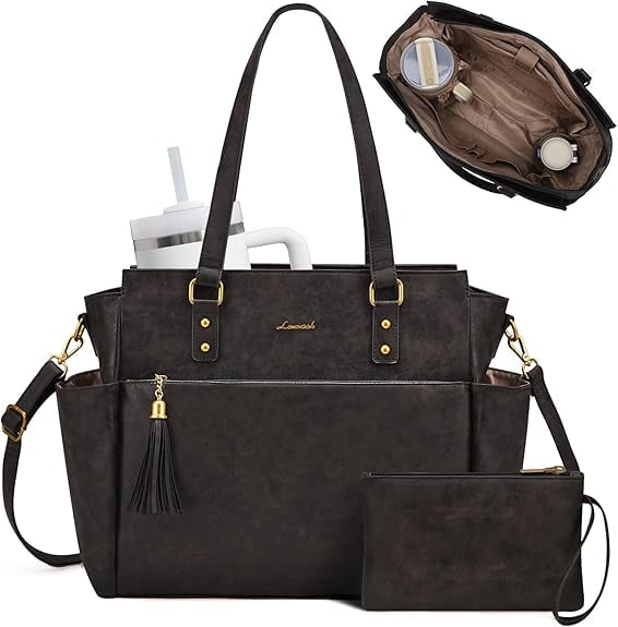 LOVEVOOK Vintage Laptop Tote Bag for Women 15.6 Inch, Waterproof Work Bag with Large Cup Holder & Bonus Clutch, Teacher Computer Bag for Office, Business, Travel