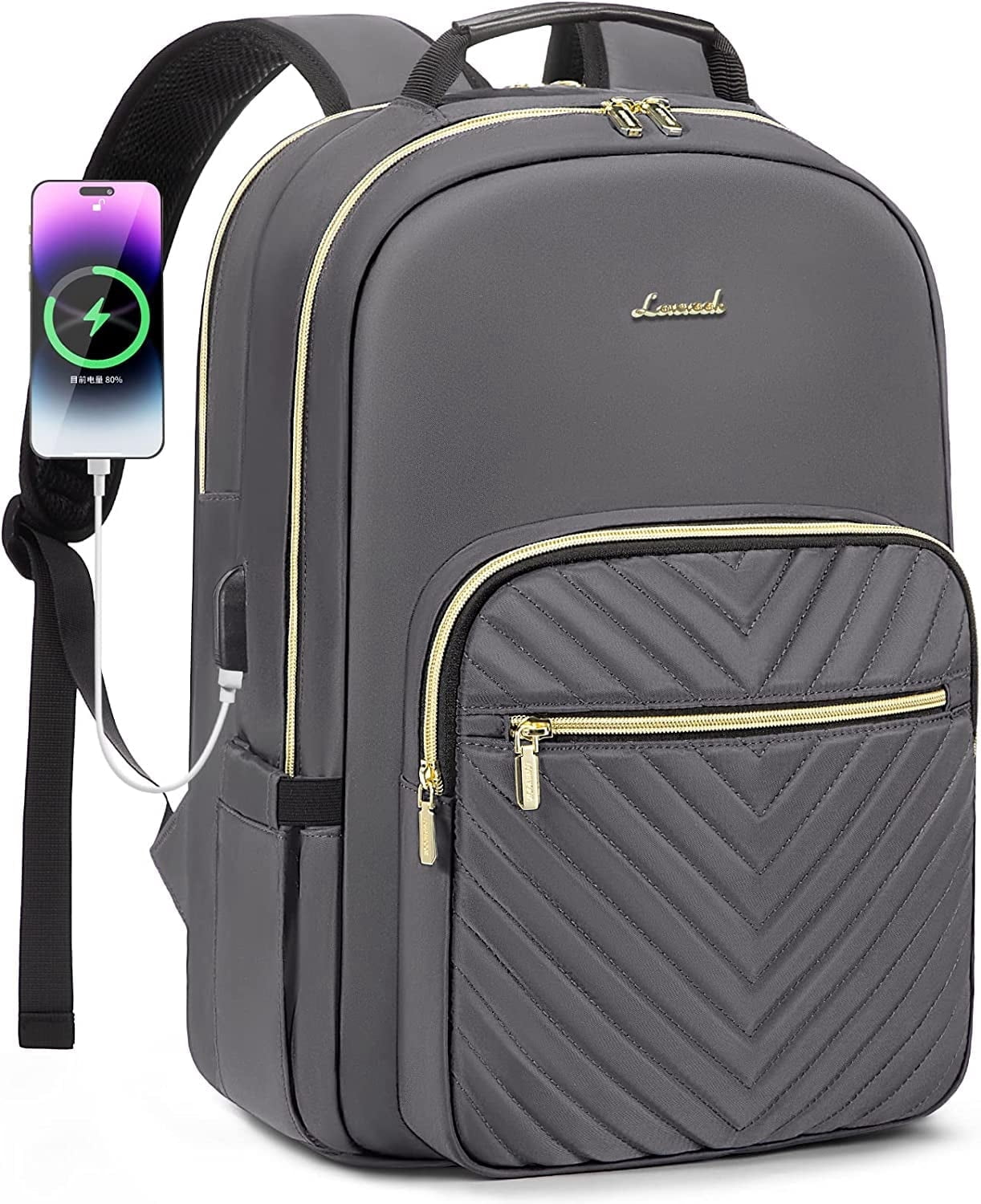 Lovevook Laptop Backpack for Women, 15.6" Quilted Travel Backpack with Anti-Thief Pocket, Teacher Backpack Book Bag Nurse Bag Purse with USB-Purple Gray