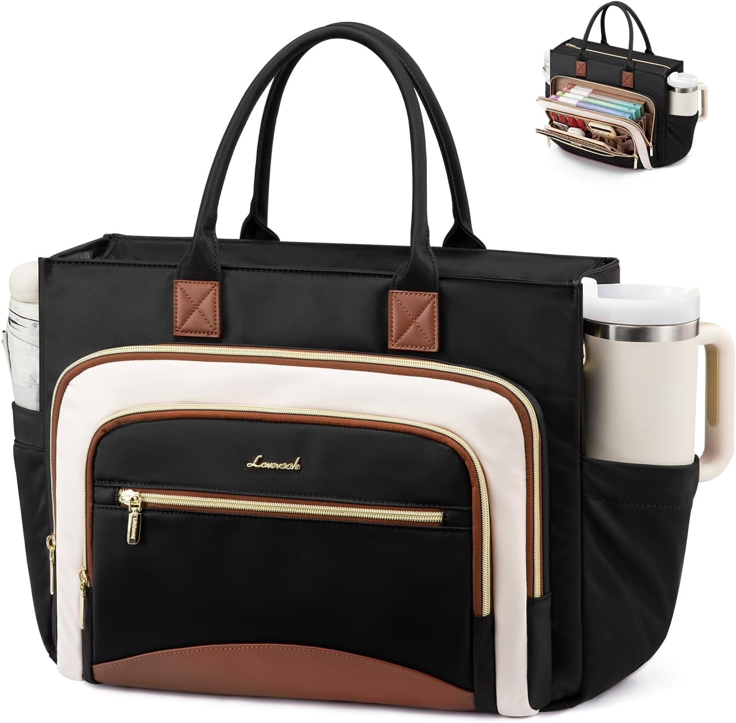 LOVEVOOK Work Tote Bags for Women,Laptop Tote Bag for Women With Large Cup Holder,Teacher Nurse Bags With Accordion File Organizer Pocket,Multi-Pockets Professional Briefcase Business Purses Handbag