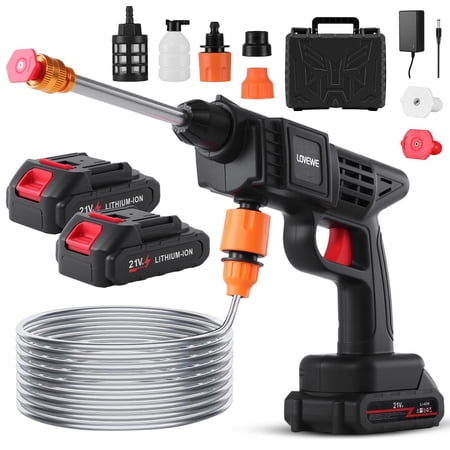 LOVEWE 300 Watt Cordless High Pressure Electric Car Wash - Equipped with 6-in-1 Nozzle, 1.3GPM Handheld Car Wash Gun