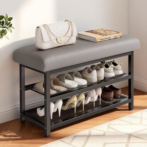 LOVEWE Storage Bench with Cushion, Padded Entryway Bench with 2-Tier Shoe Rack, Metal Shoe Storage Bench for Small Spaces, Entryway, Bedroom Or Closet